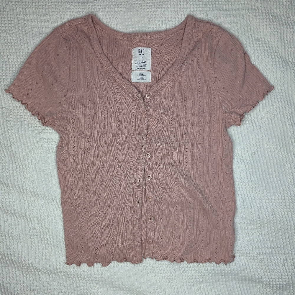 Gap Teen║Pointelle V Neck Button Up T Shirt║Size 14-16